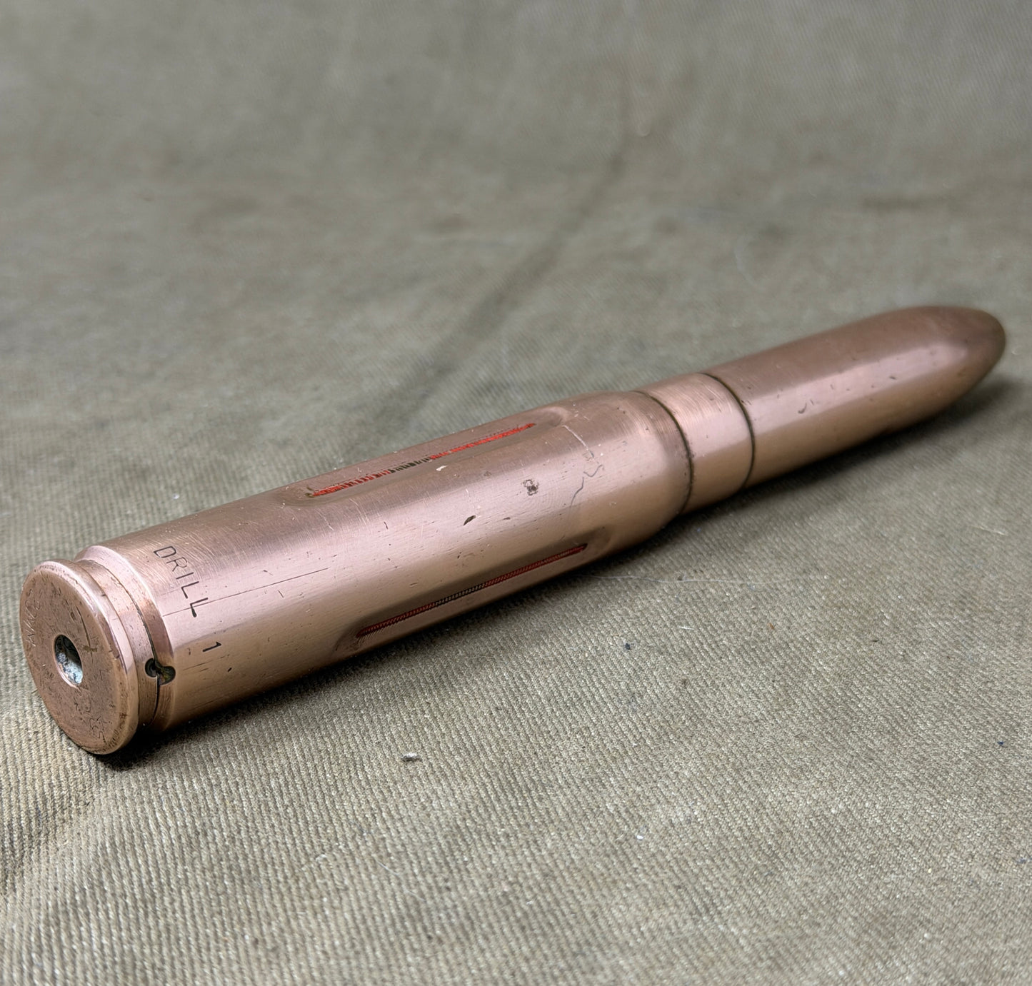 Vintage 20mm Drill Round – Copper Coloured Inert Military Ammunition Display