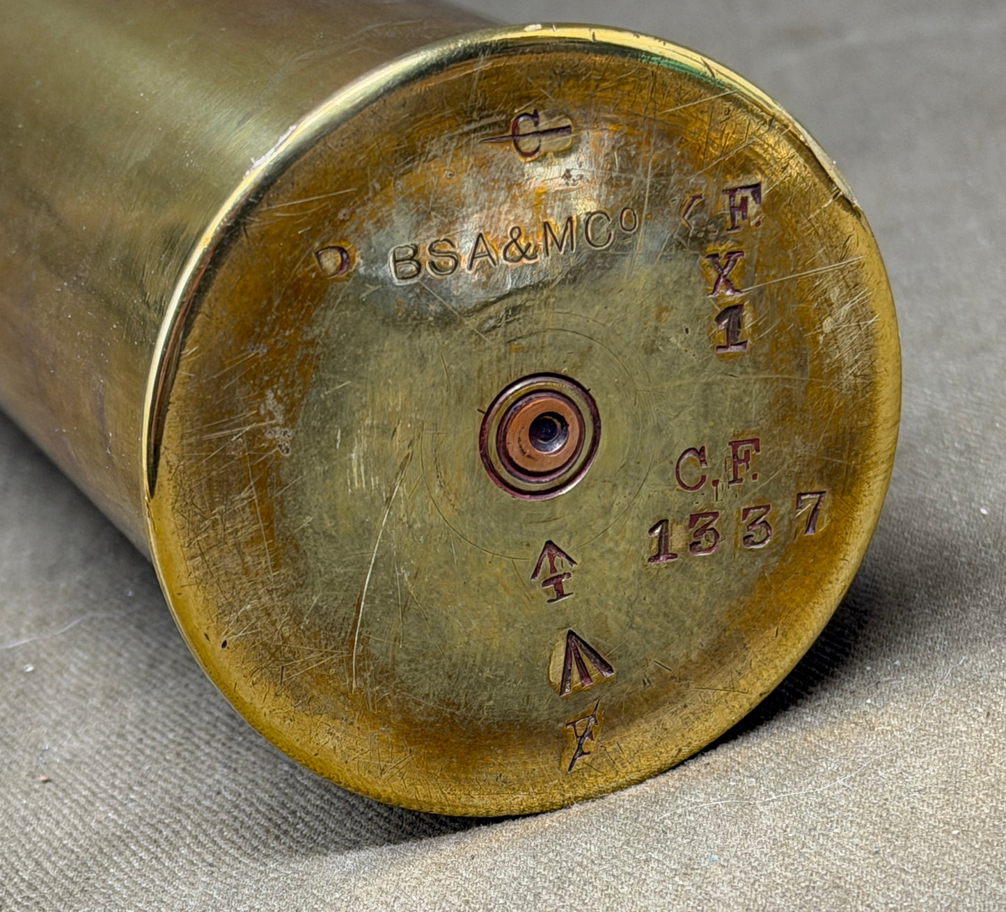 Original British BSA 3-Pounder Hotchkiss 47mm Brass Shell Case c1900–WW1