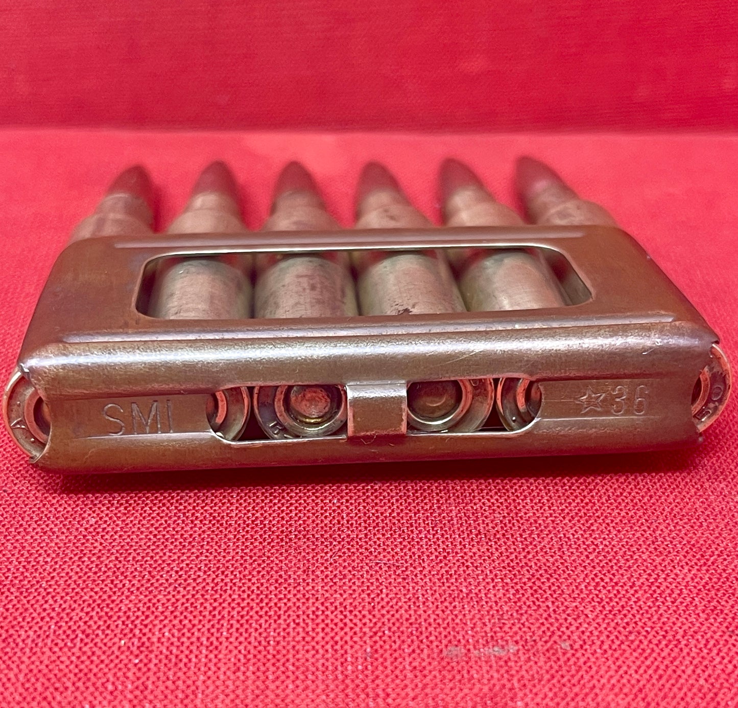 Original WWII 6 x 6.5mm Carcano Rounds in Clip (Inert)