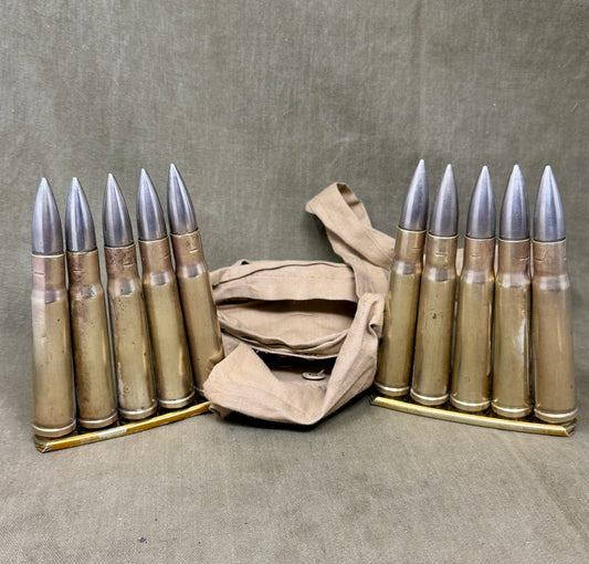 WW2 .55 Boys Anti-Tank Rounds on Clips in Original 1942 Cloth Carry Case – K42 Headstamps (10 Inert Rounds)