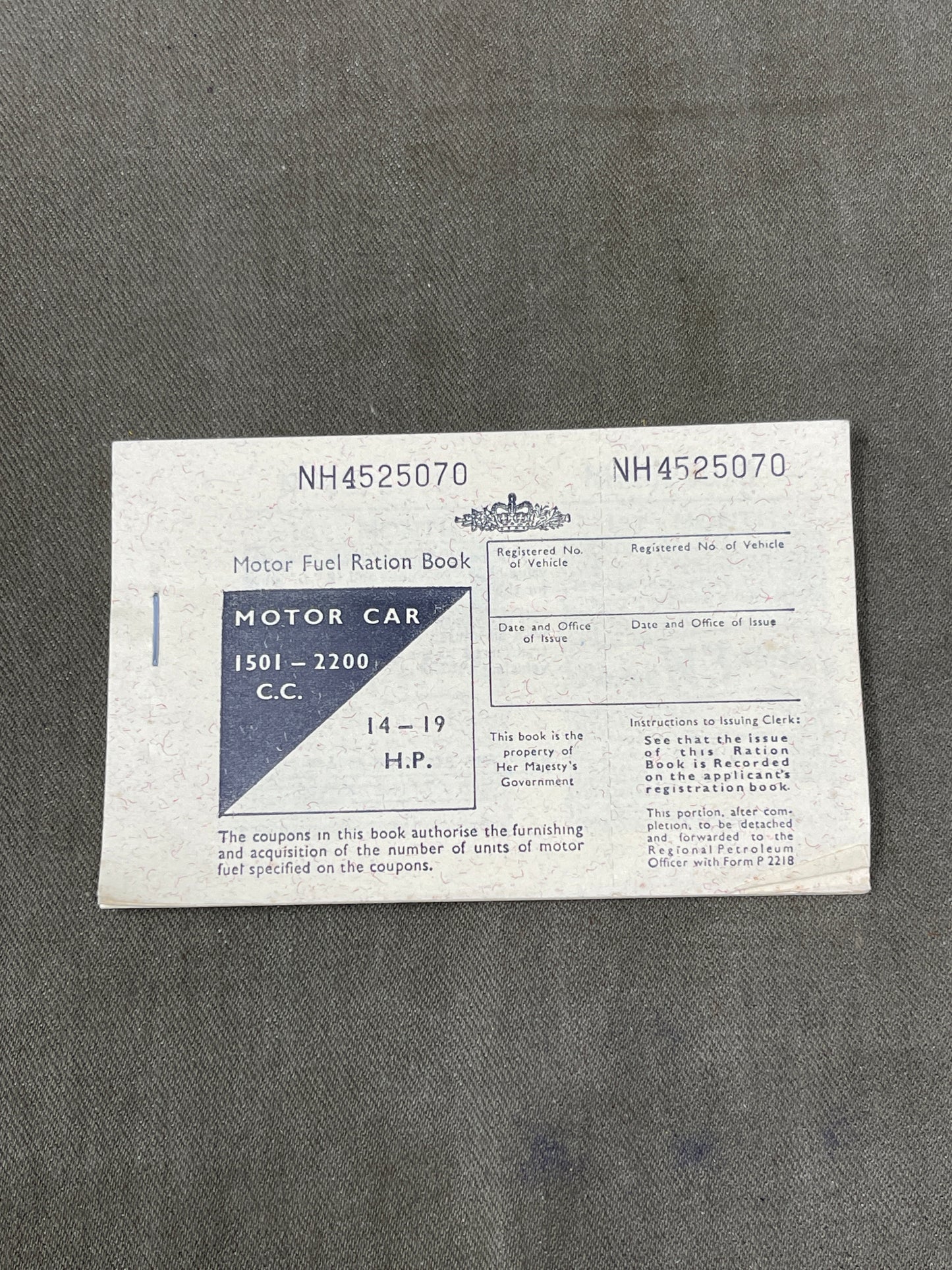 WW2 Motor Fuel Ration Book for Motor Car