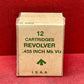 Authentic 12-round reproduction box of British .455 inert/display revolver cartridges. Perfect for collectors, reenactors, and historical displays. Safe & non-functional.