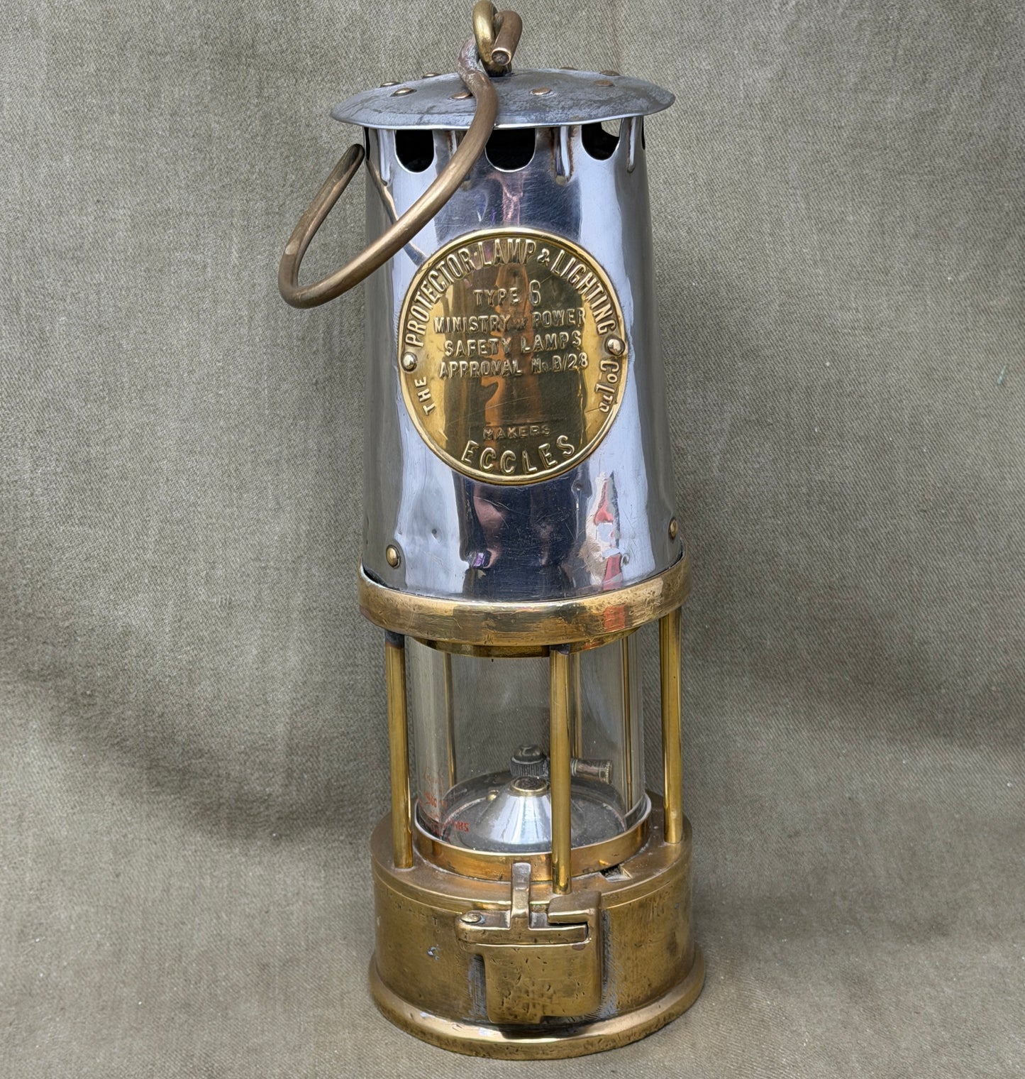 Original Eccles Protector Lamp Lighting Co Ltd Type 6 Ministry of Power Safety Lamp – Approval No. B/28 Mining Lamp