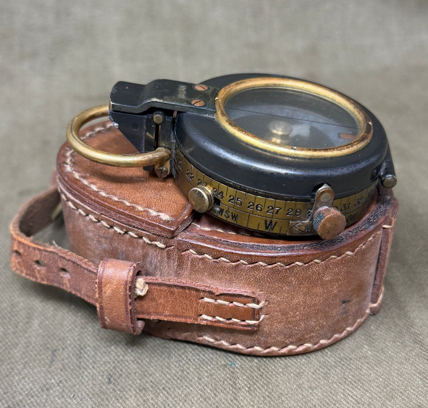 Original British Army Short & Mason Ltd London Mk VII Marching Compass with Leather Case – WWI/Inter-War Military Issue