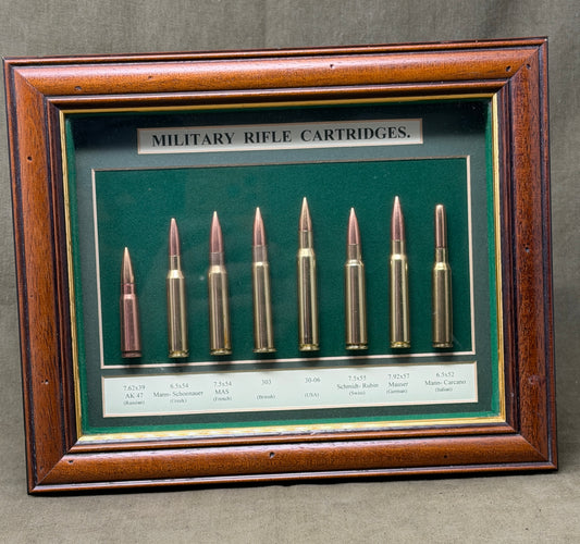 Military Rifle Cartridges Framed Inert Ammunition Display – WW1 & WW2 Rifle Calibres