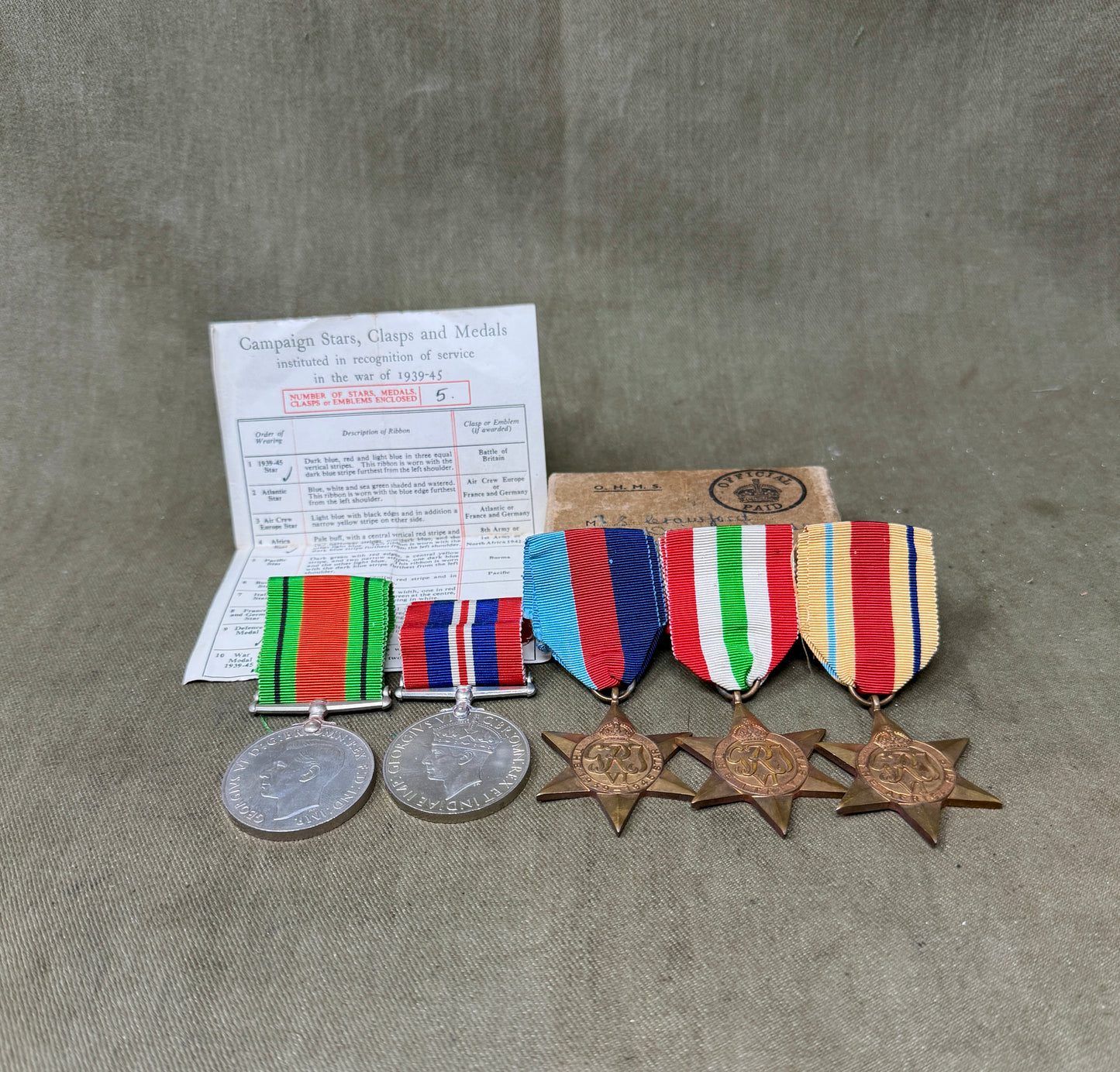 Original WWII Medal Group to Bombardier Stanley Crawford 2181639 HAA Royal Artillery – Africa & Italy Stars with Named OHMS Box