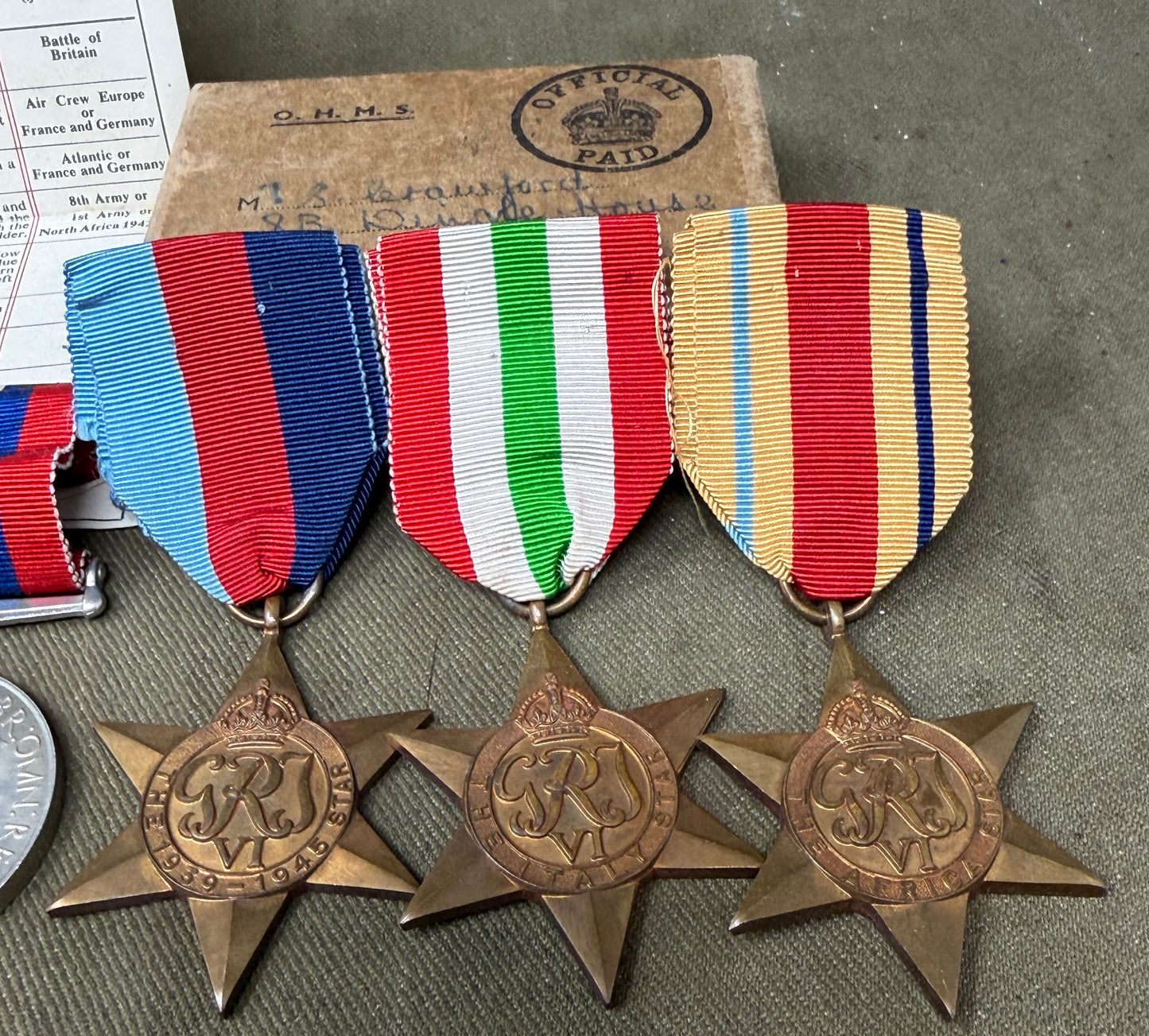 Original WWII Medal Group to Bombardier Stanley Crawford 2181639 HAA Royal Artillery – Africa & Italy Stars with Named OHMS Box