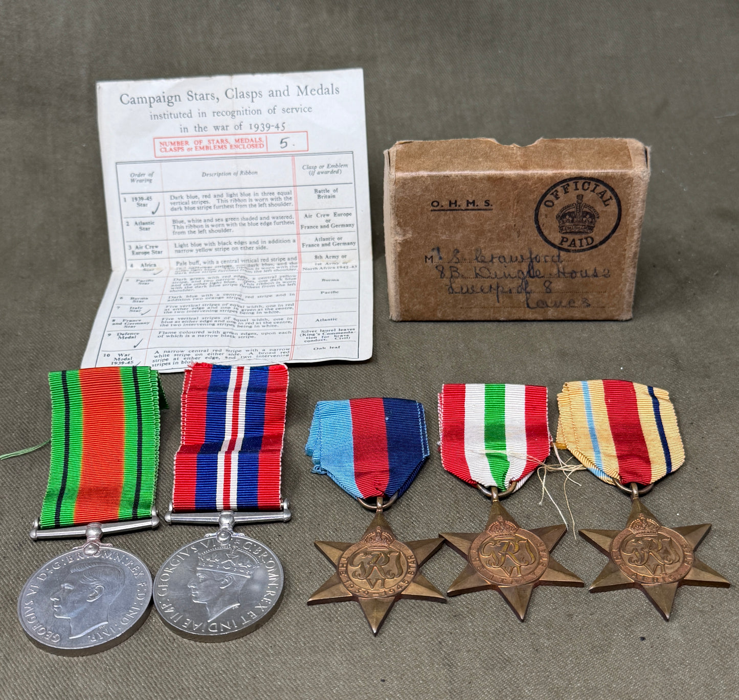 Original WWII Medal Group to Bombardier Stanley Crawford 2181639 HAA Royal Artillery – Africa & Italy Stars with Named OHMS Box
