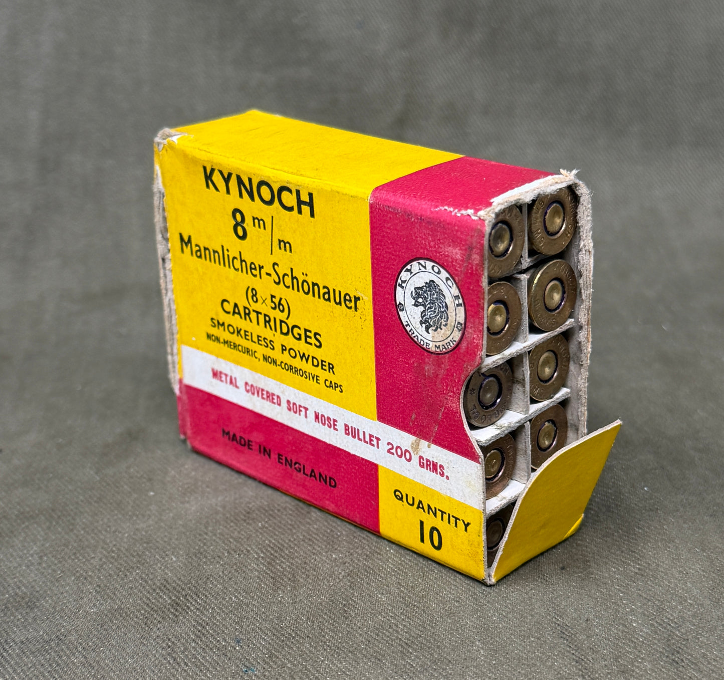 Original Kynoch 8×56 Mannlicher-Schönauer Ammunition Box with 10 Inert Cartridges