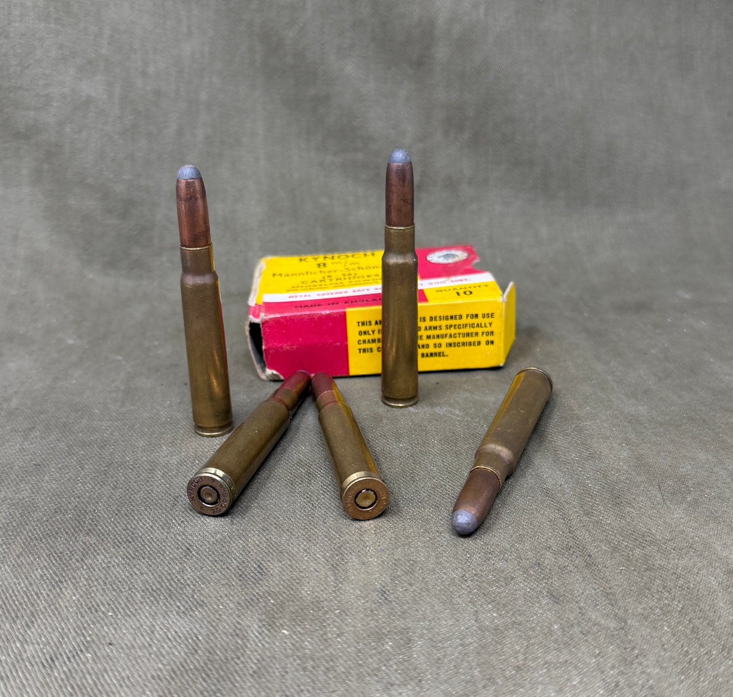 Original Kynoch 8×56 Mannlicher-Schönauer Ammunition Box with 10 Inert Cartridges