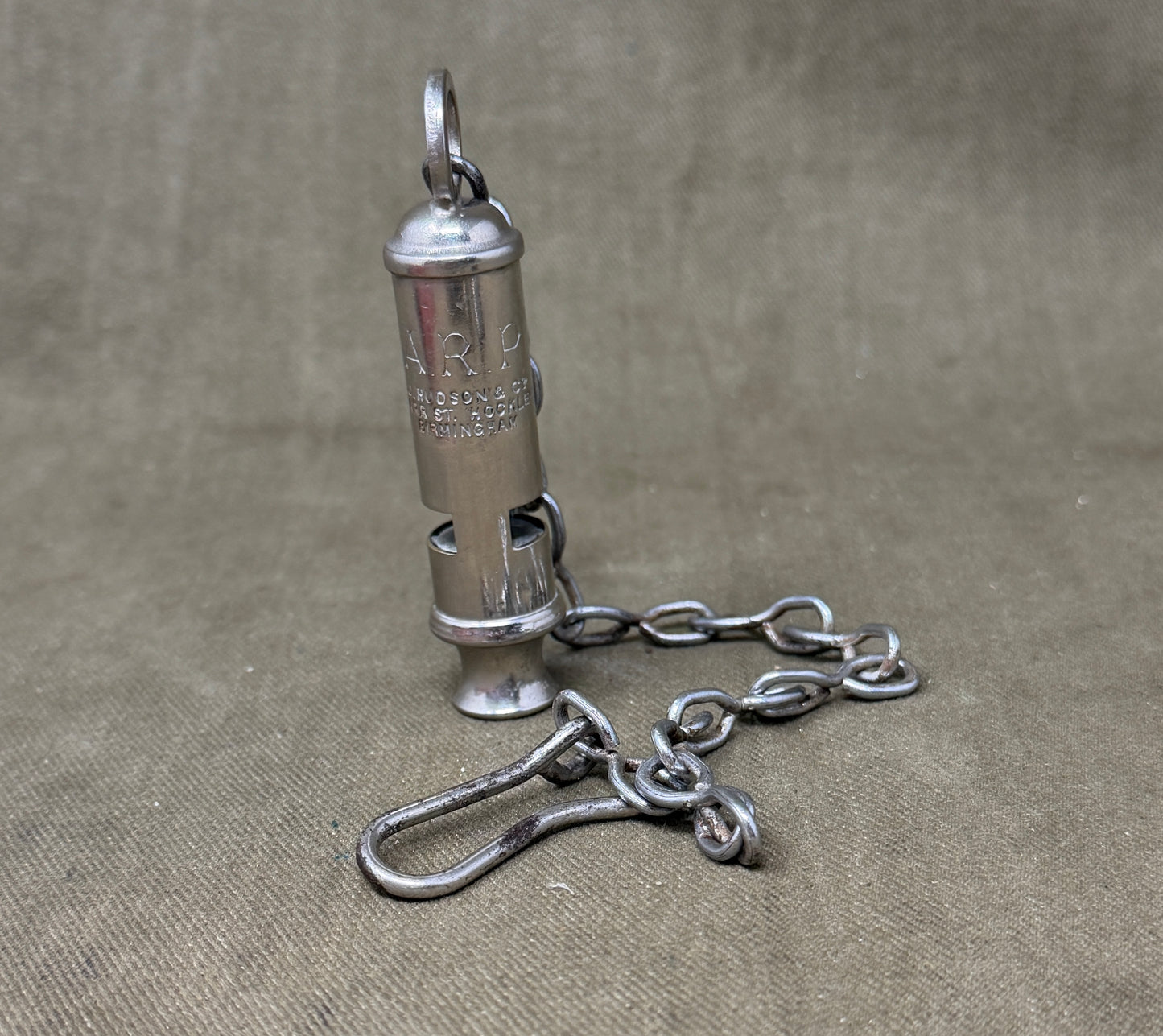 Original WWII British A.R.P. Air Raid Precautions Whistle by J. Hudson & Co, Birmingham with Original Chain