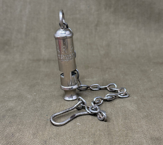 Original WWII British A.R.P. Air Raid Precautions Whistle by J. Hudson & Co, Birmingham with Original Chain