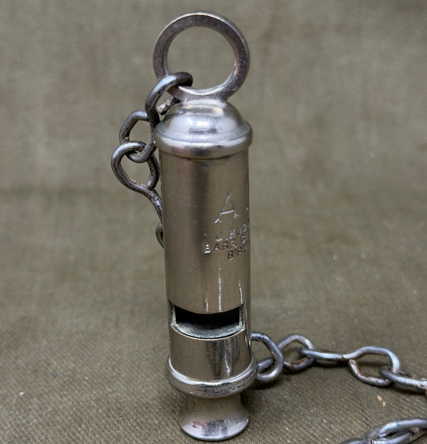 Original WWII British A.R.P. Air Raid Precautions Whistle by J. Hudson & Co, Birmingham with Original Chain