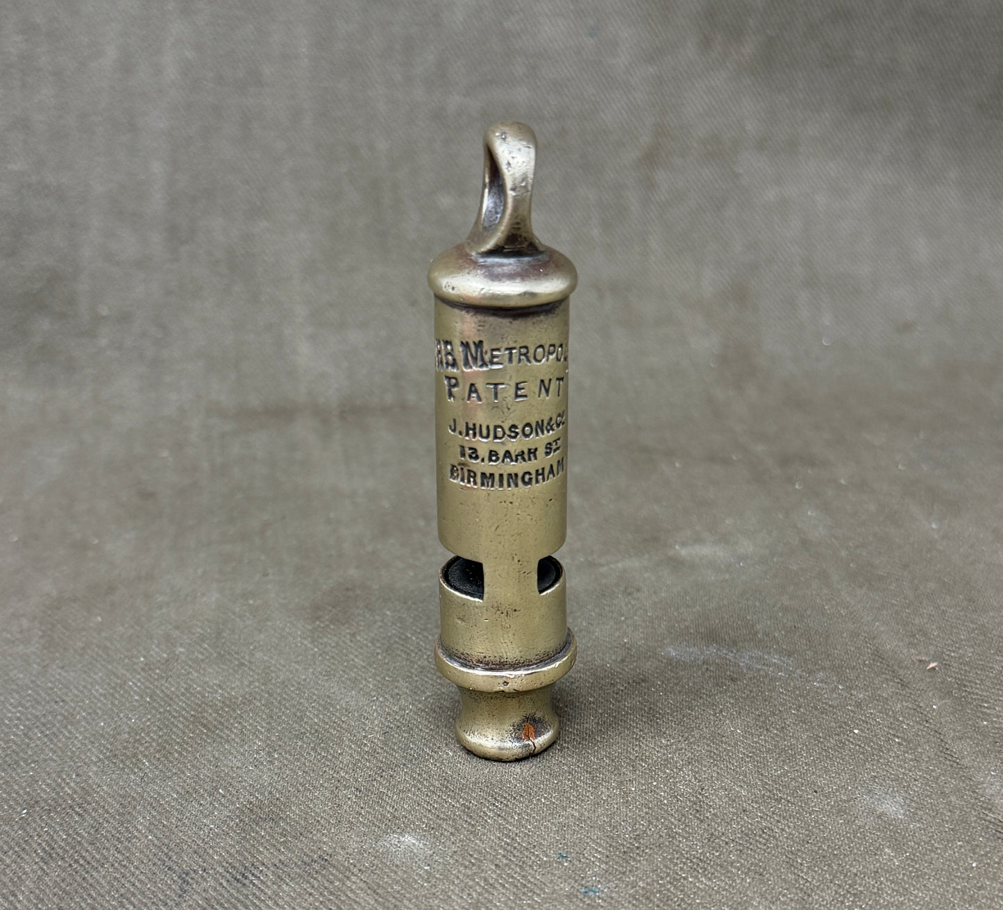 Original Victorian J. Hudson & Co Metropolitan Patent Brass Police Whistle – 13 Barr Street Birmingham c.1890-1910