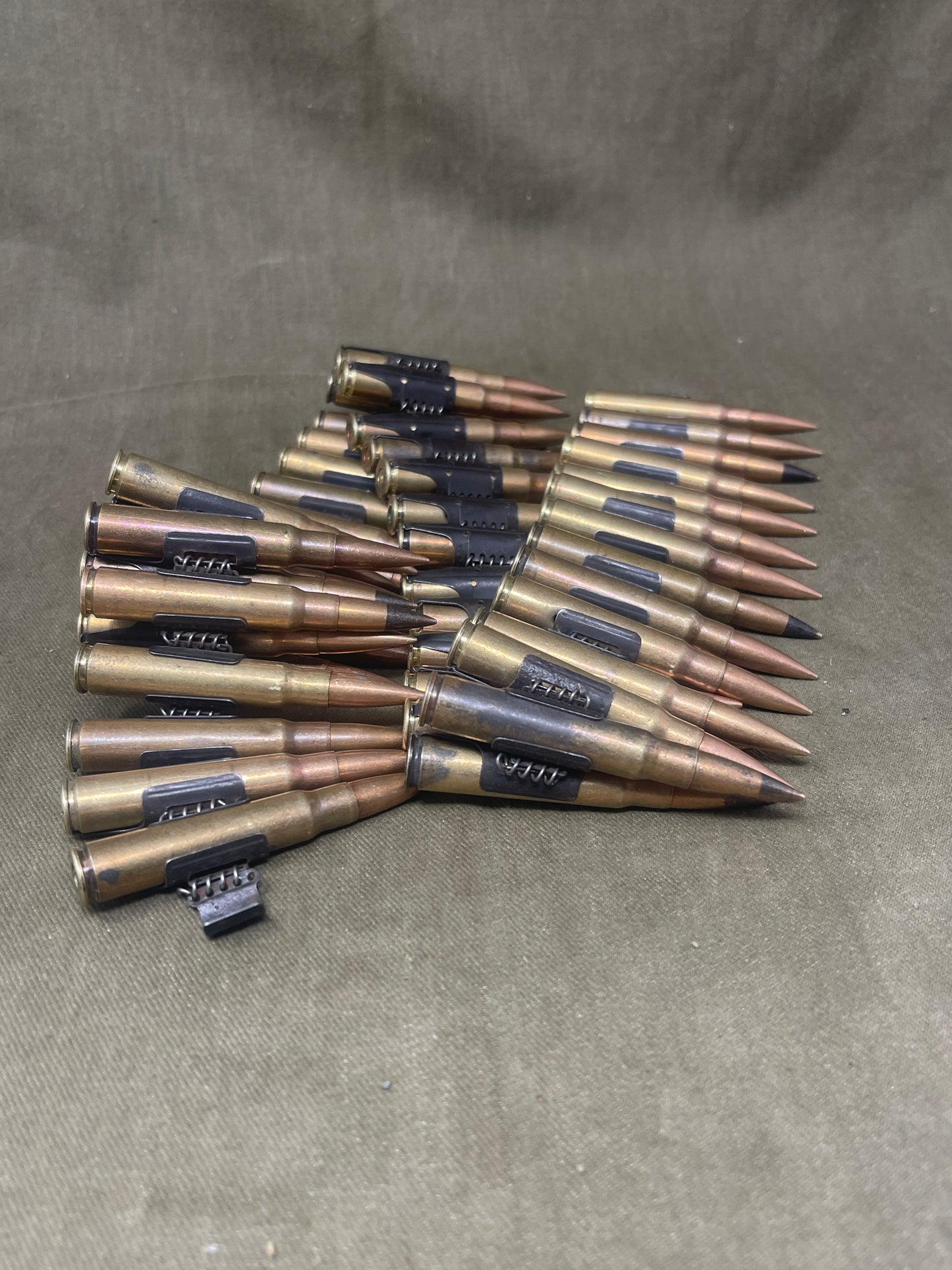 WWII Wehrmacht 50 x Inert 7.92mm MG34/MG42 Belt – Stamped, Belgian-Sourced, Rare Headstamps