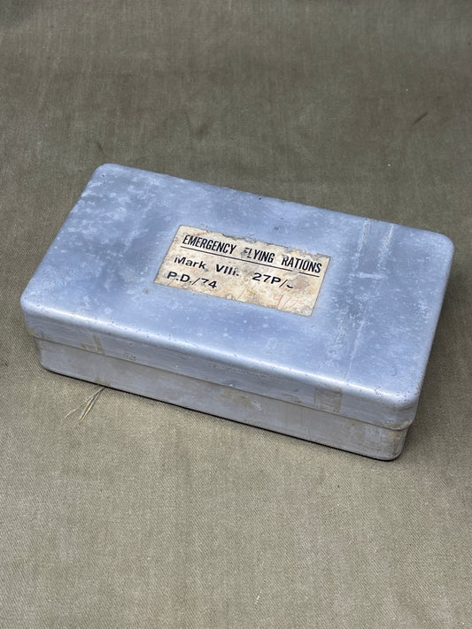 Shop a complete Royal Air Force Mark VIII Emergency Flying Rations tin (27P P.D/74). Rare WW2 survival kit issued to RAF aircrew—perfect for collectors.

