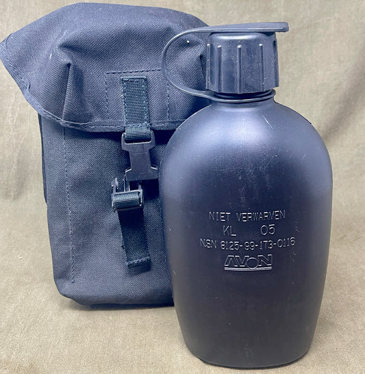 Blue water bottle with carrying strap on a beige background