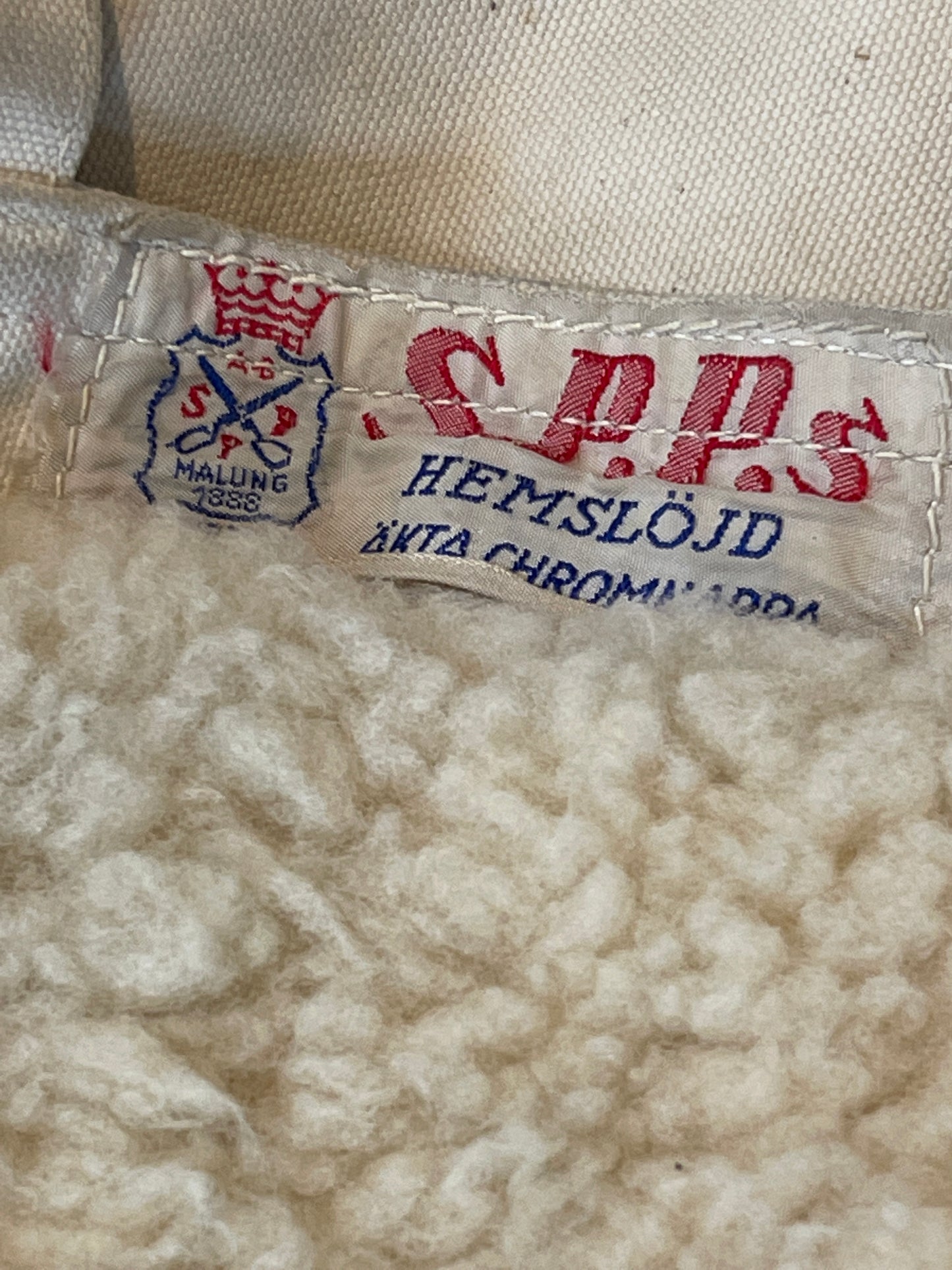 Swedish Army Canvas and Sheepskin Coat Labled SPAA Helmslojd Akta Chromnappa, Crow And PS To Flap