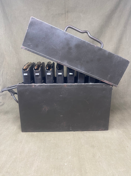 Authentic WW2 German MG13 magazine ammo box with 8 original MG13 magazines and 5 inert 7.92mm rounds. All items stamped with Waffenamt and dates. Excellent condition.
