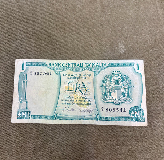 1967 Malta 1 Lira Banknote – Bank Centrali Ta’ Malta