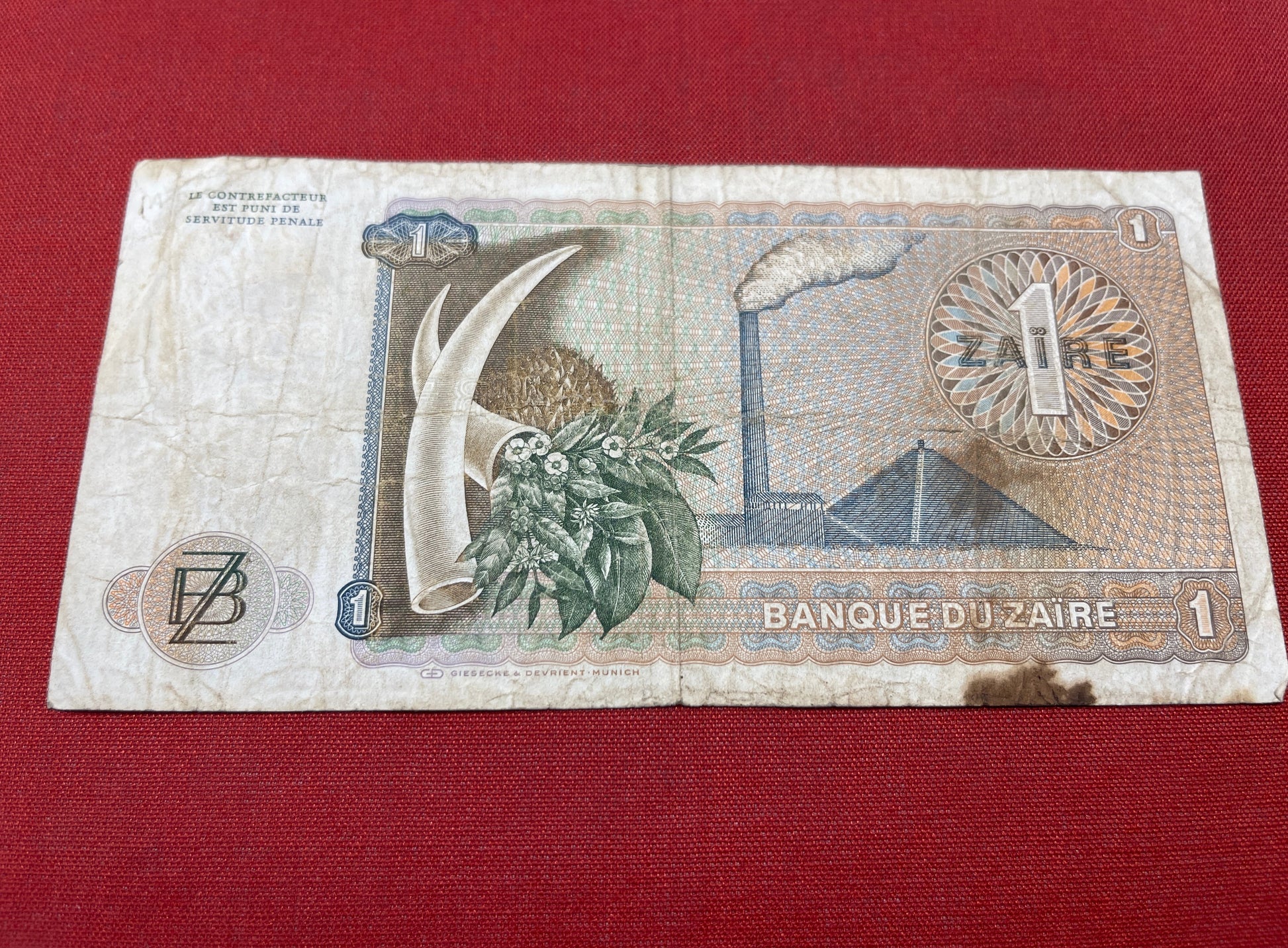 Bank of Zaire 1 Unzaire Serial C5376542A