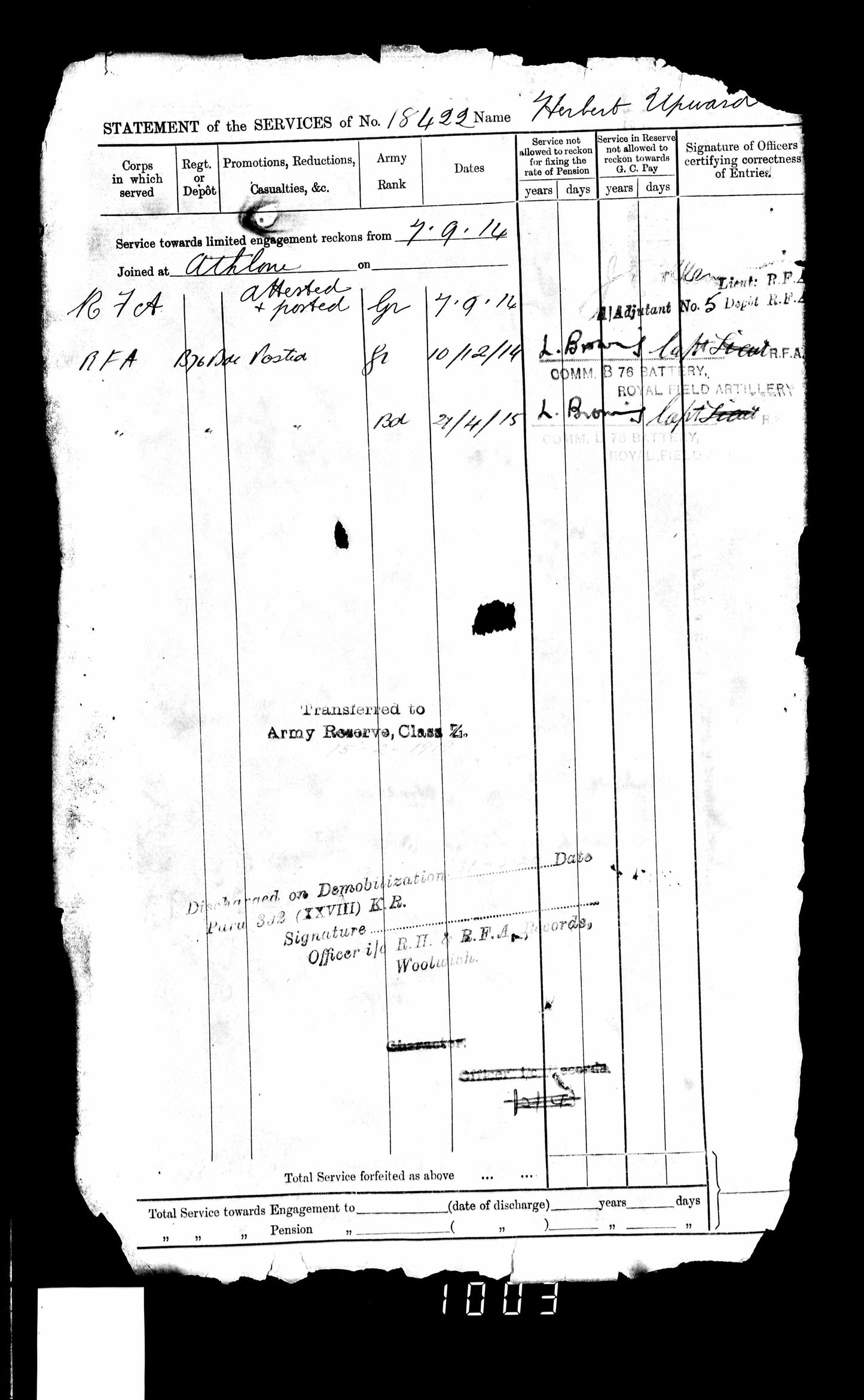 WW1 soldiers service record