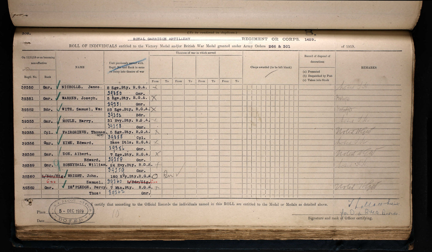 Great War MM Group Bmdr 39355 T Fairgrieve 5 Siege Battery