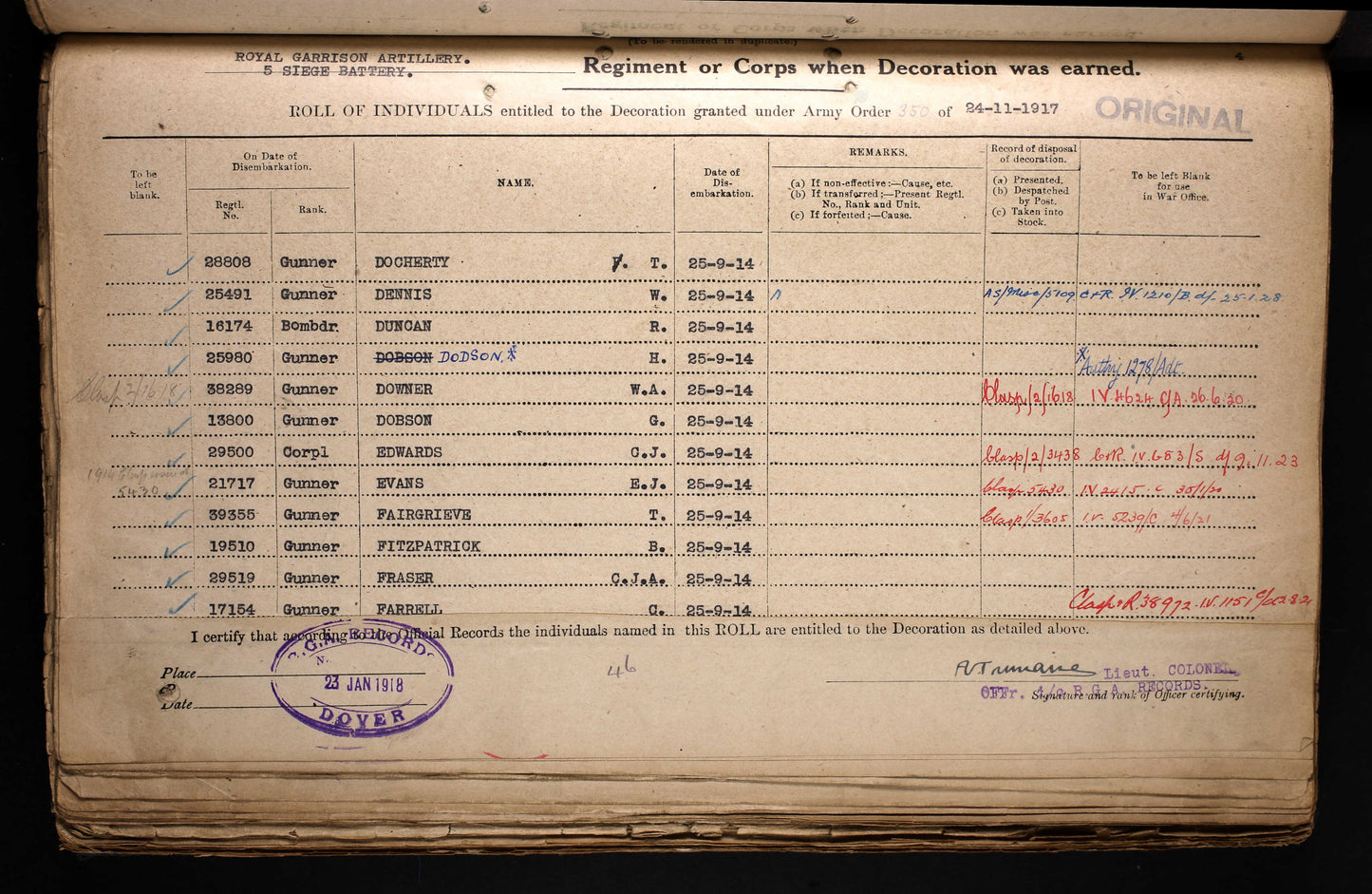 Great War MM Group Bmdr 39355 T Fairgrieve 5 Siege Battery