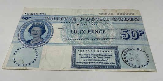 British QE2 British Postal Order 50p
