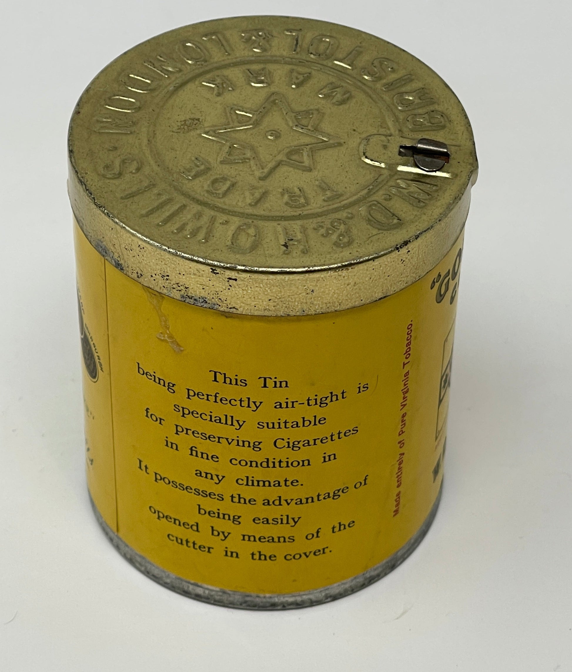 top view of an Airtight Sealed Can of 50 Gold Flake Cigarettes with lid on