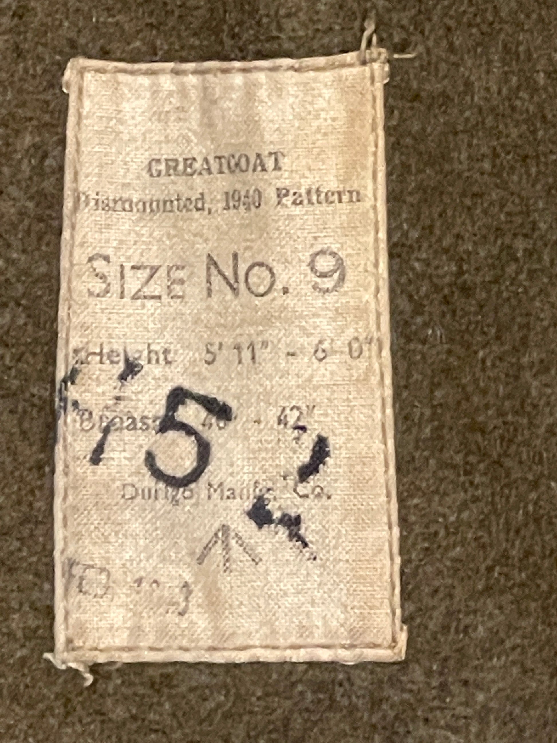 British Great Coat Dismounted 1940 Pattern internal label