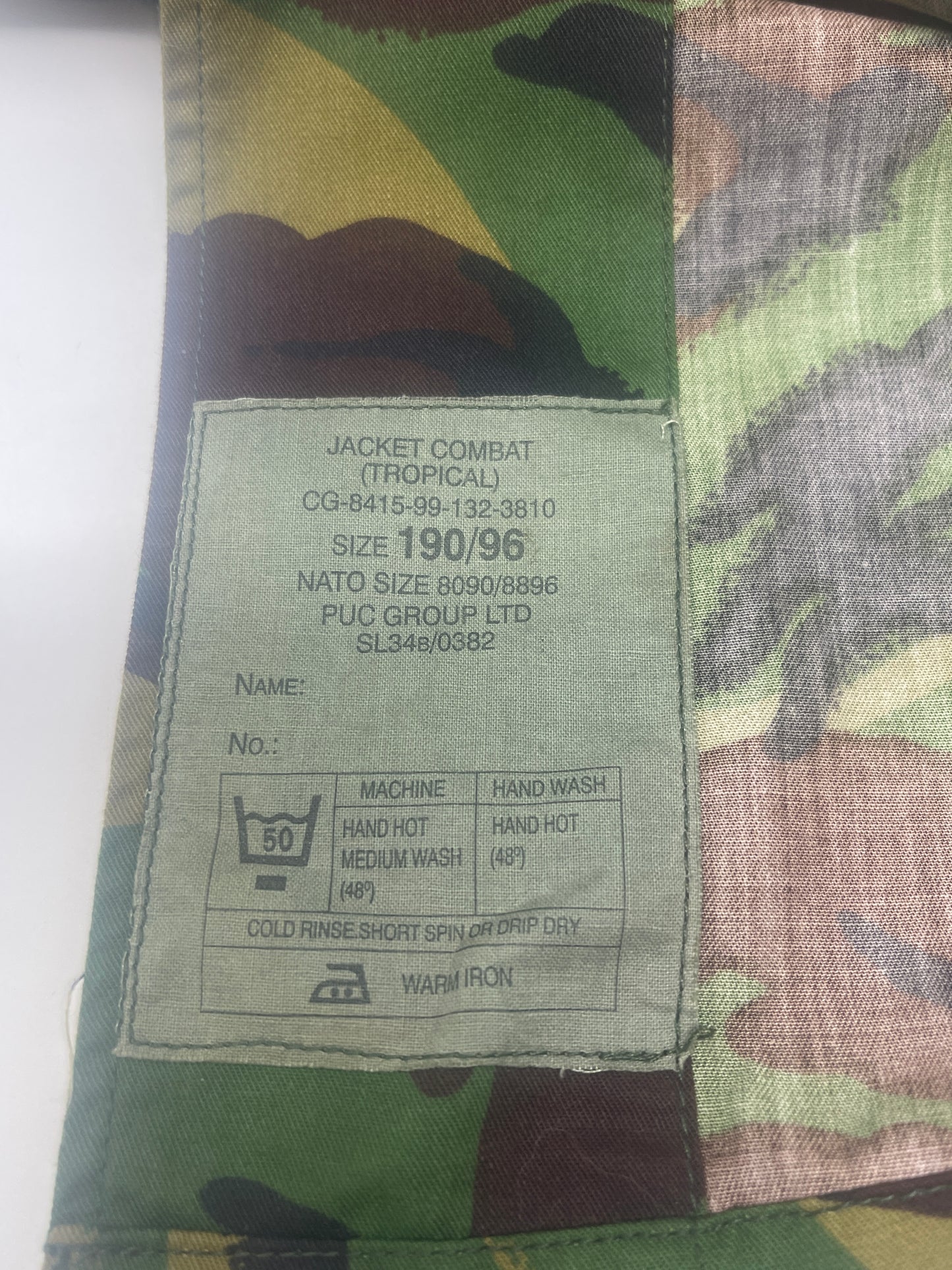 British Jacket Combat Tropical 190/96 label inside