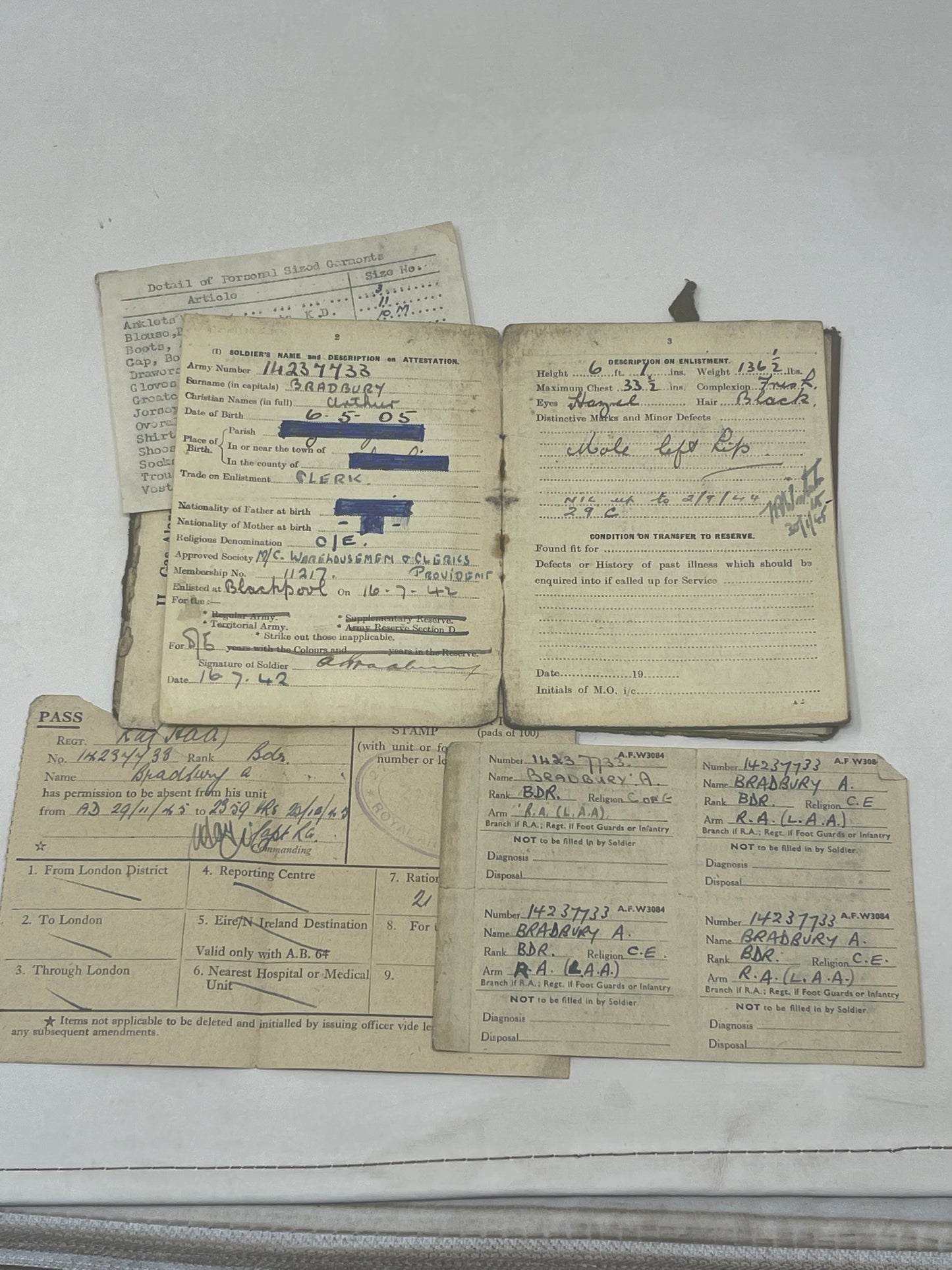 WW2 Military Service Book & Papers relating to A Bradbury