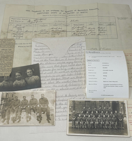 POW Letter, Photos, Birth Certificate relating to N Bradbury Grenadier Guards