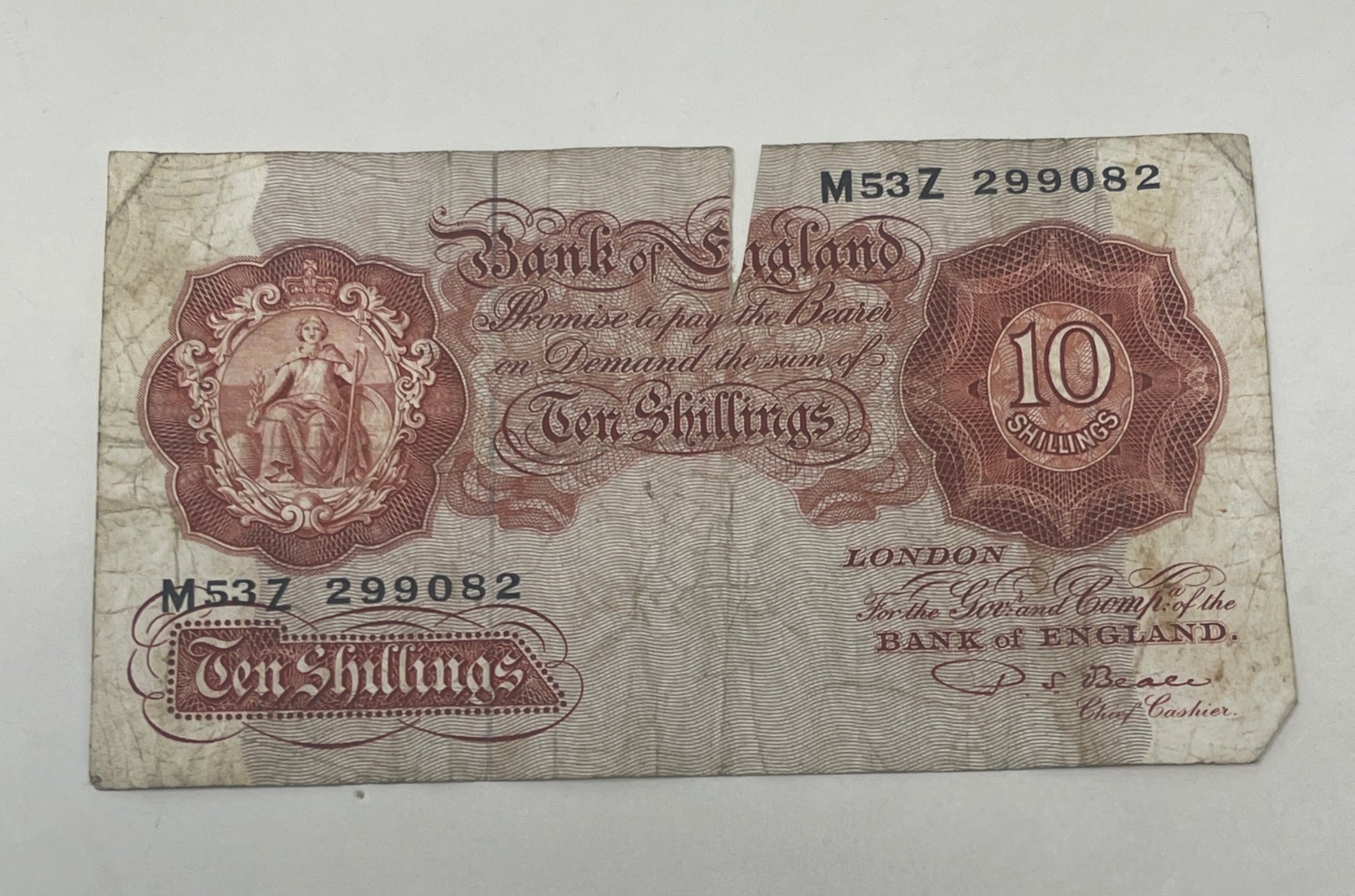 1961 - 1963 Bank of England L K O'Brien Red 10 Shilling Banknote